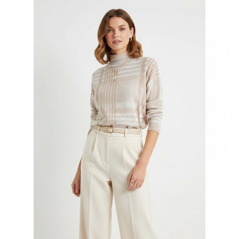 Elie Tahari Cropped Knit Swetaer Plaid Mock Neck SMALL Cream Coquette Preppy